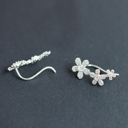 925 Sterling Silver Cuff Drop Earrings with Paved CZ Flowers