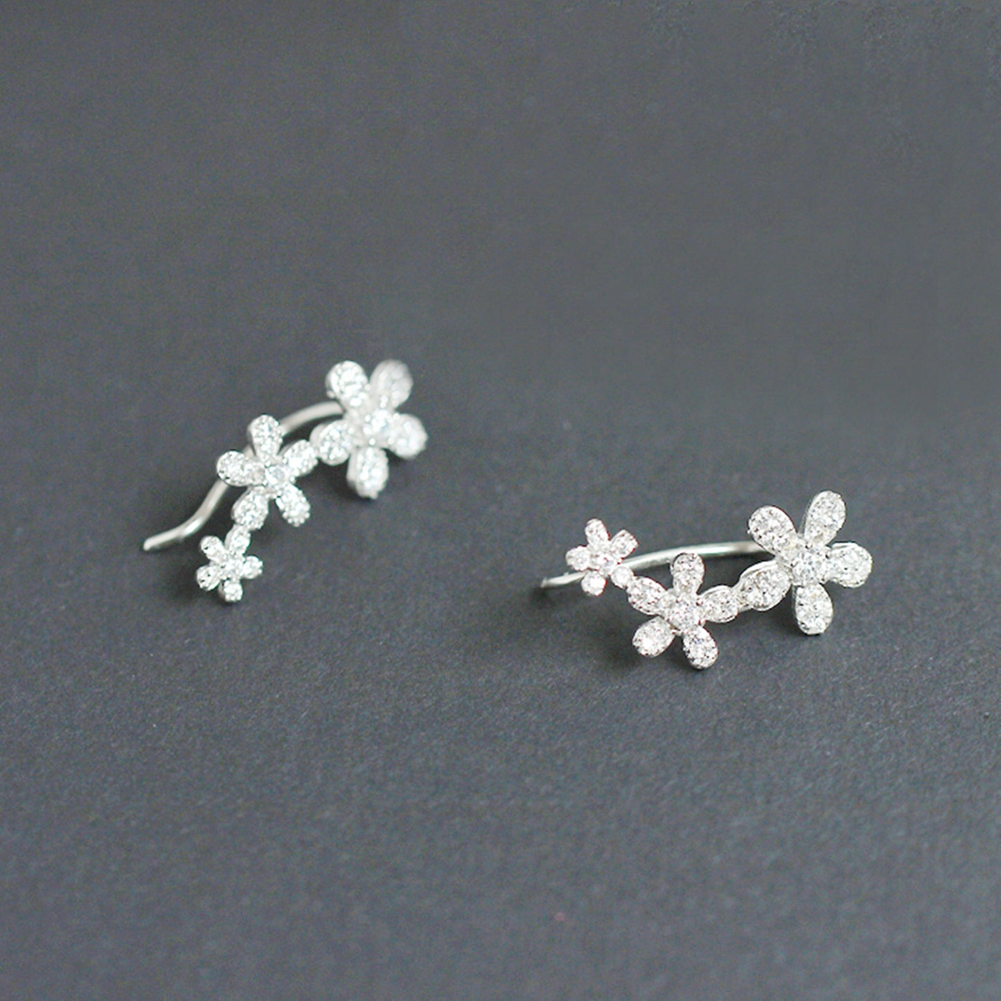 925 Sterling Silver Cuff Drop Earrings with Paved CZ Flowers - sugarkittenlondon