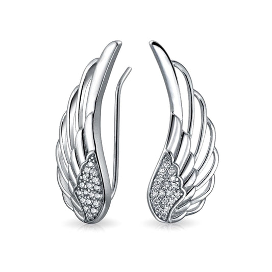 Angel feather climber earrings studio view, silver sculpted feather wings with pave