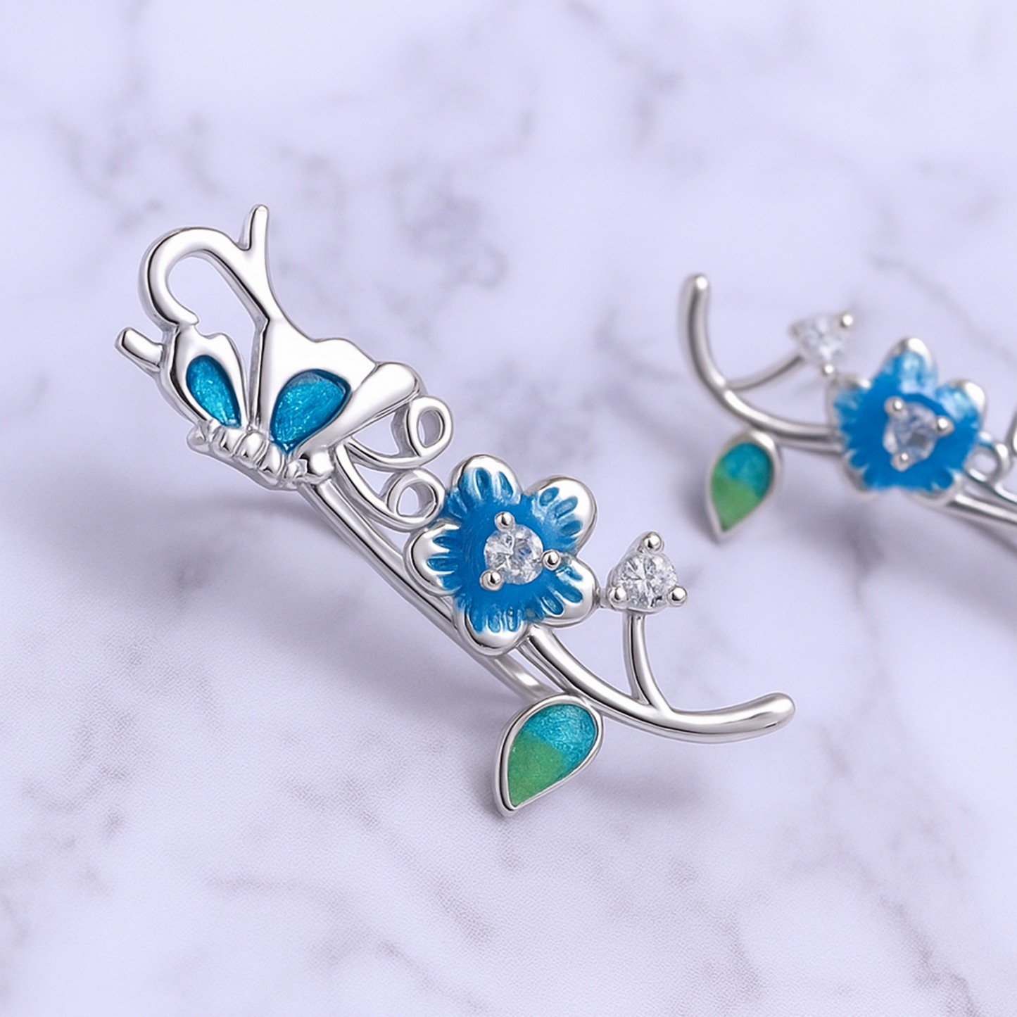 Sterling Silver Blue Enamel Butterfly Cuff Climber Crawler Earrings