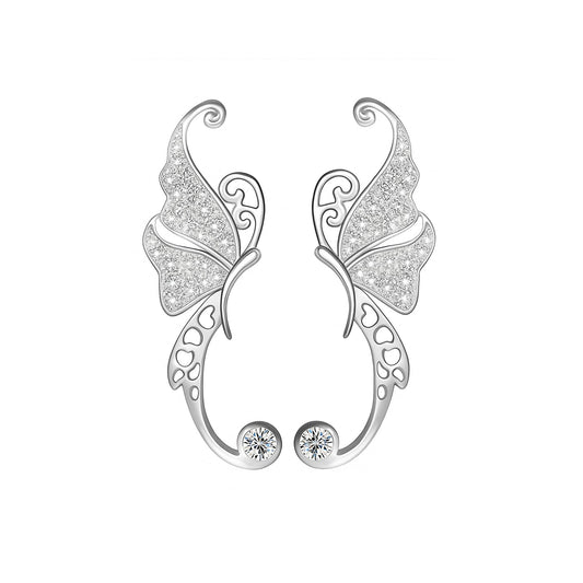Silver butterfly crawler earrings with filigree and two round sparkle stones