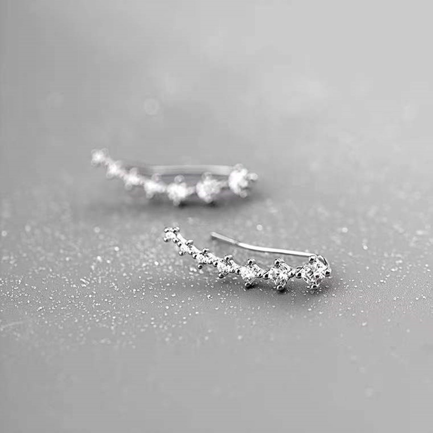 925 Sterling Silver Ear Crawlers with Linked 7 CZ Line Wavy Stars
