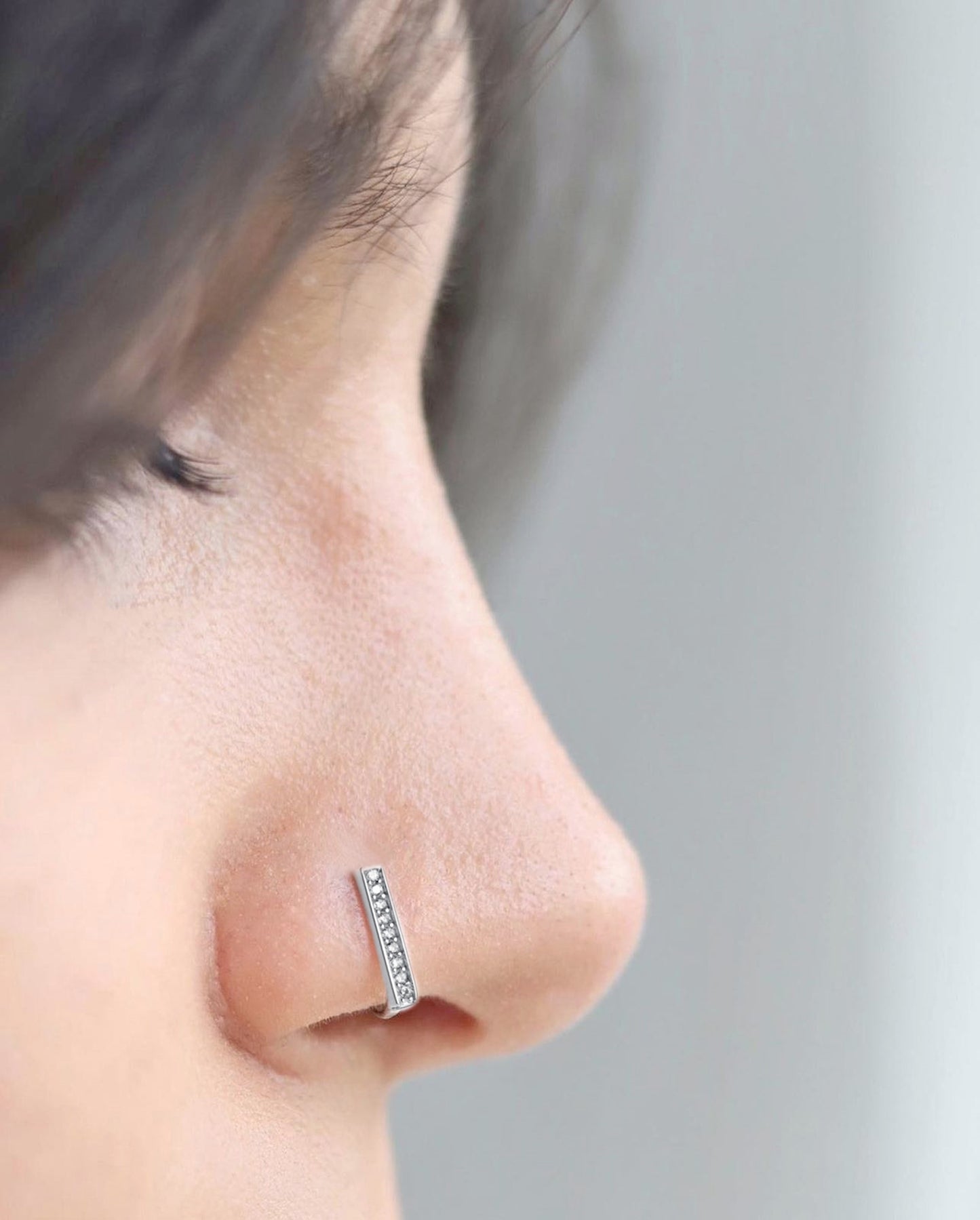 Sterling Silver Paved CZ Line Bar Clip Cuff Earrings Faux Nose Ring No Piercing - sugarkittenlondon
