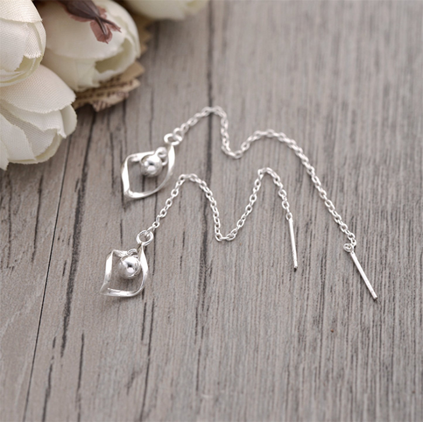 Sterling Silver Lily Drop Bead Pull Through Threader Dangle Earrings - sugarkittenlondon