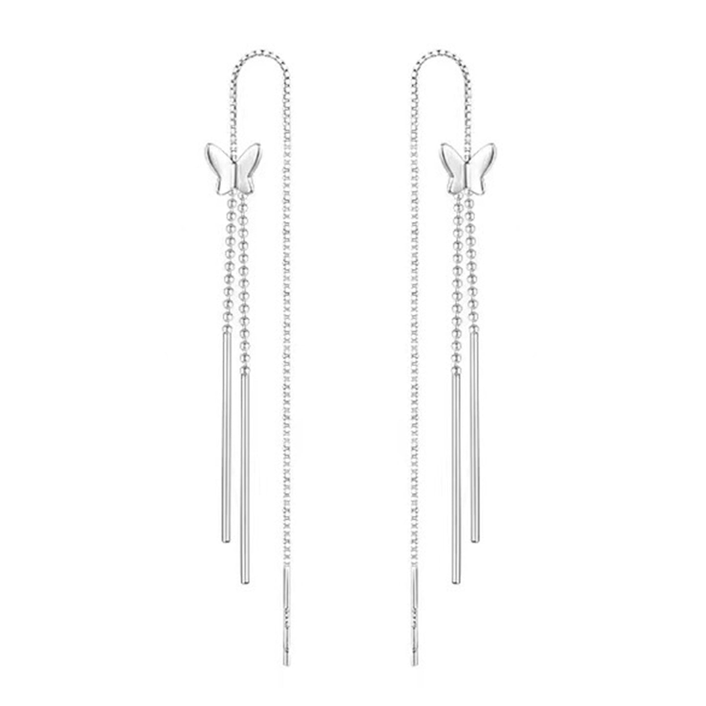 Sterling Silver Long Pull Through Threader Butterfly Bead Tassel Earrings