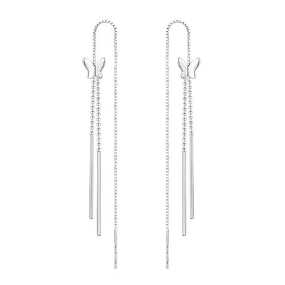 Sterling Silver Long Pull Through Threader Butterfly Bead Tassel Earrings