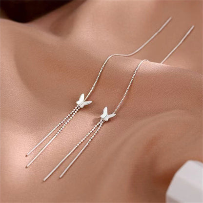 Sterling Silver Long Pull Through Threader Butterfly Bead Tassel Earrings