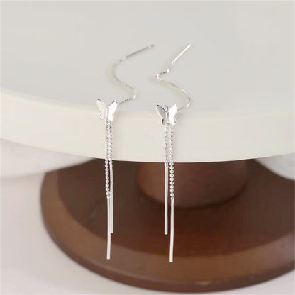 Sterling Silver Long Pull Through Threader Butterfly Bead Tassel Earrings