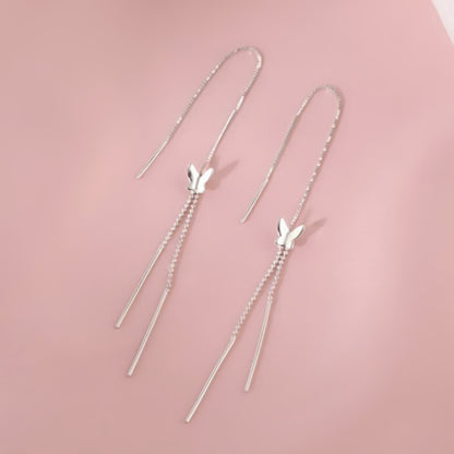 Sterling Silver Long Pull Through Threader Butterfly Bead Tassel Earrings