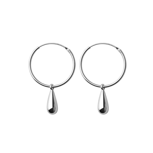 Silver teardrop hoop earrings with small vertical drop charms