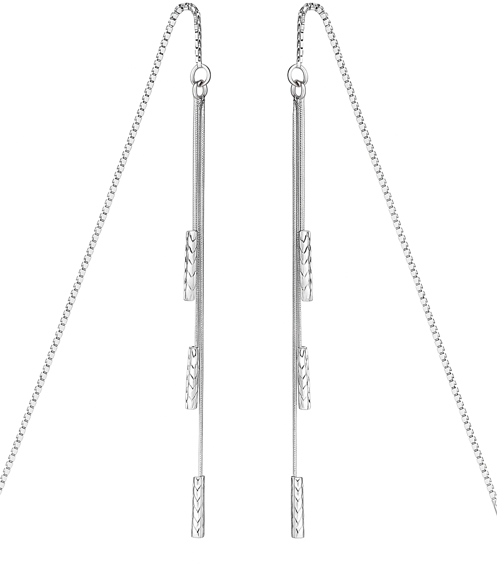 Sterling Silver Long Twisted Tube Bars Wind Chime Tassel Drop Pull Through Threader Earrings