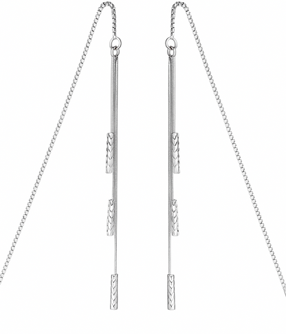 Sterling Silver Long Twisted Tube Bars Wind Chime Tassel Drop Pull Through Threader Earrings