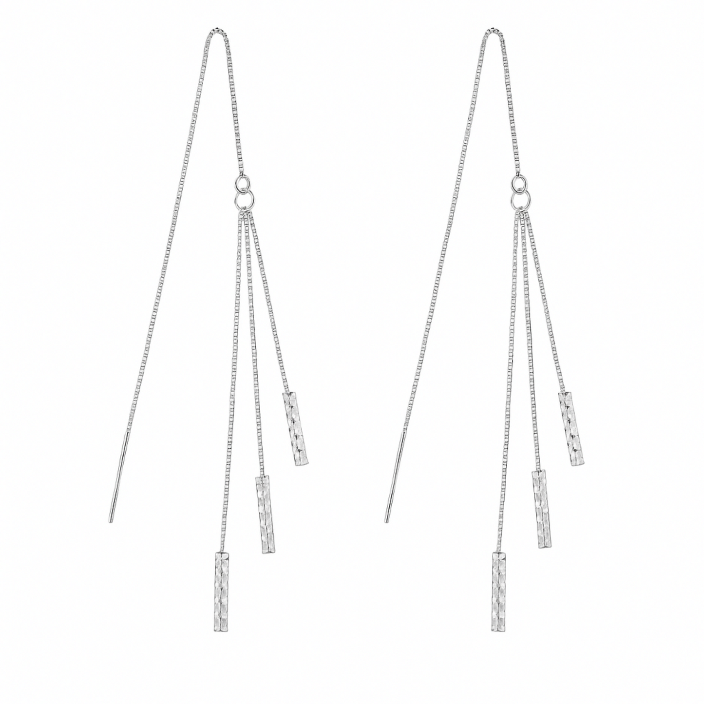 Sterling Silver Long Twisted Tube Bars Wind Chime Tassel Drop Pull Through Threader Earrings