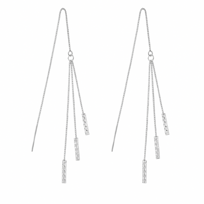 Sterling Silver Long Twisted Tube Bars Wind Chime Tassel Drop Pull Through Threader Earrings