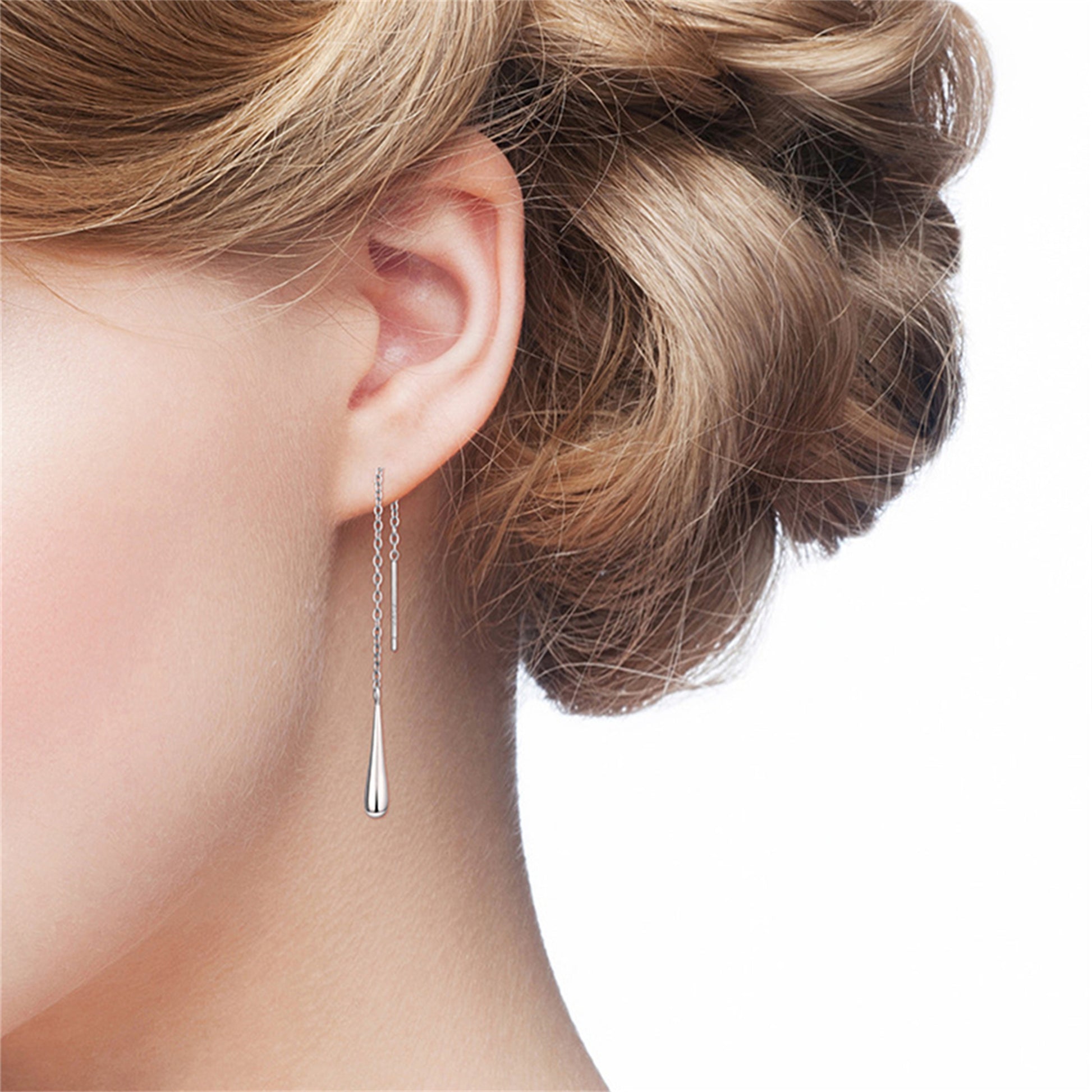 Gold-tone teardrop threader earrings with long chain and teardrop drop