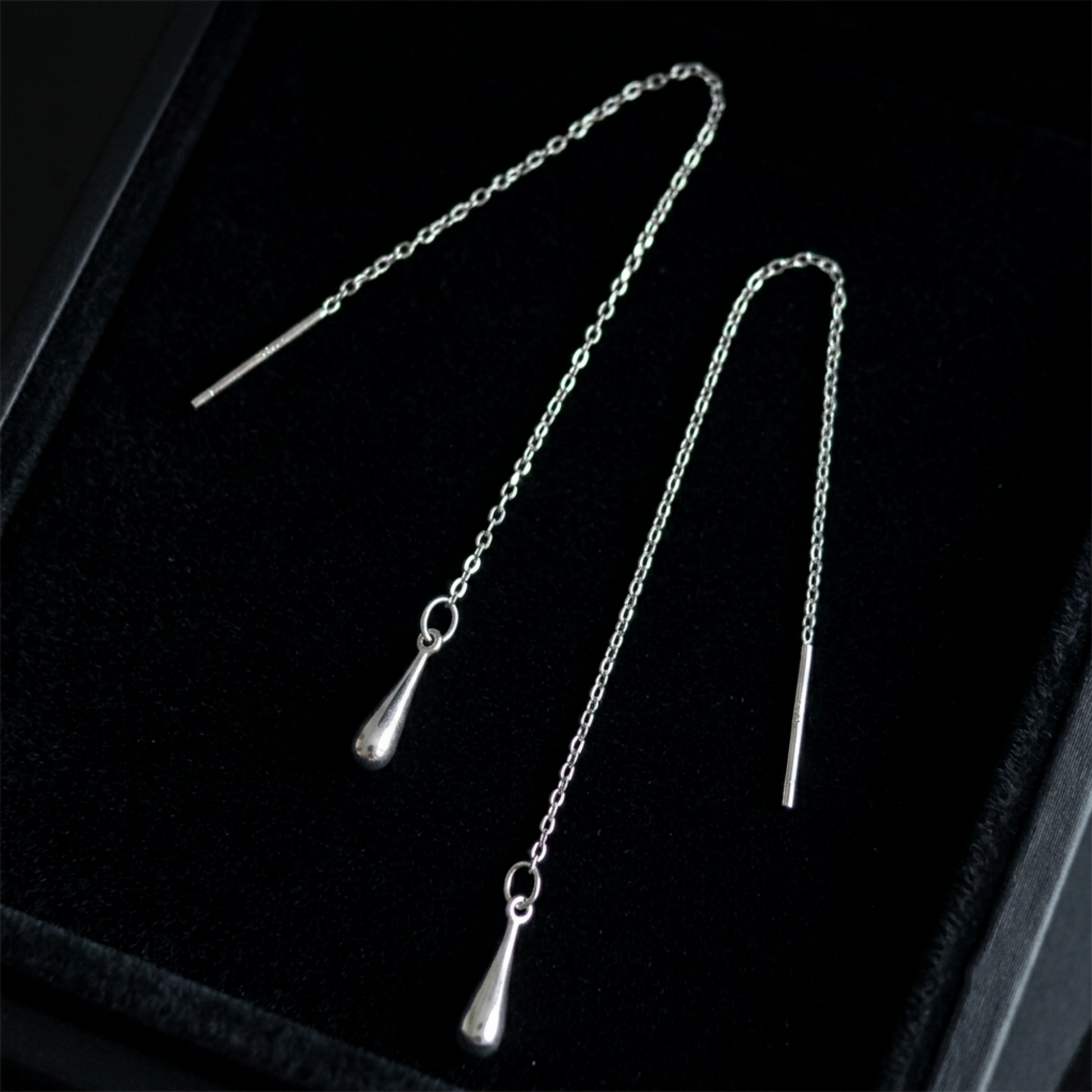 Silver-tone teardrop threader earrings with long chain and teardrop drops