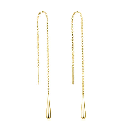 Gold-tone teardrop threader earrings with a long chain and teardrop drop
