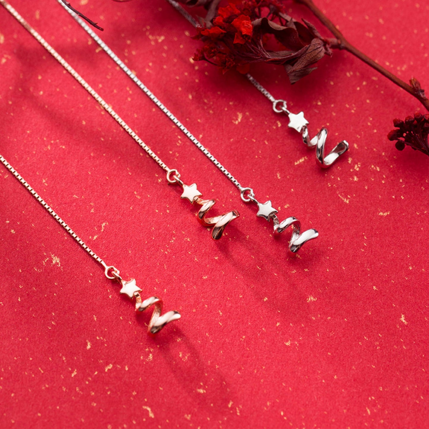 Sterling Silver Star Ribbon Christmas Tree Pull Through Threader Earrings