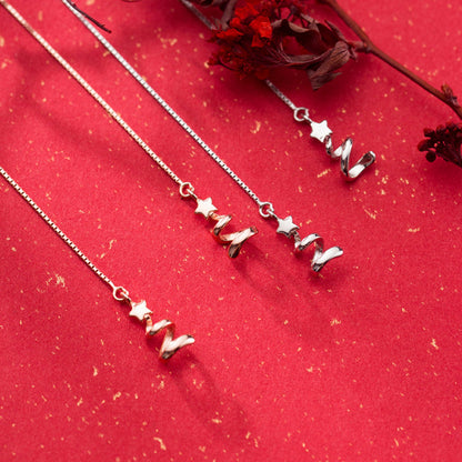 Sterling Silver Star Ribbon Christmas Tree Pull Through Threader Earrings