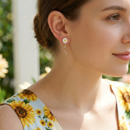 Sterling Silver Sun Flower Pull Through Wave Threader Dangle Earrings