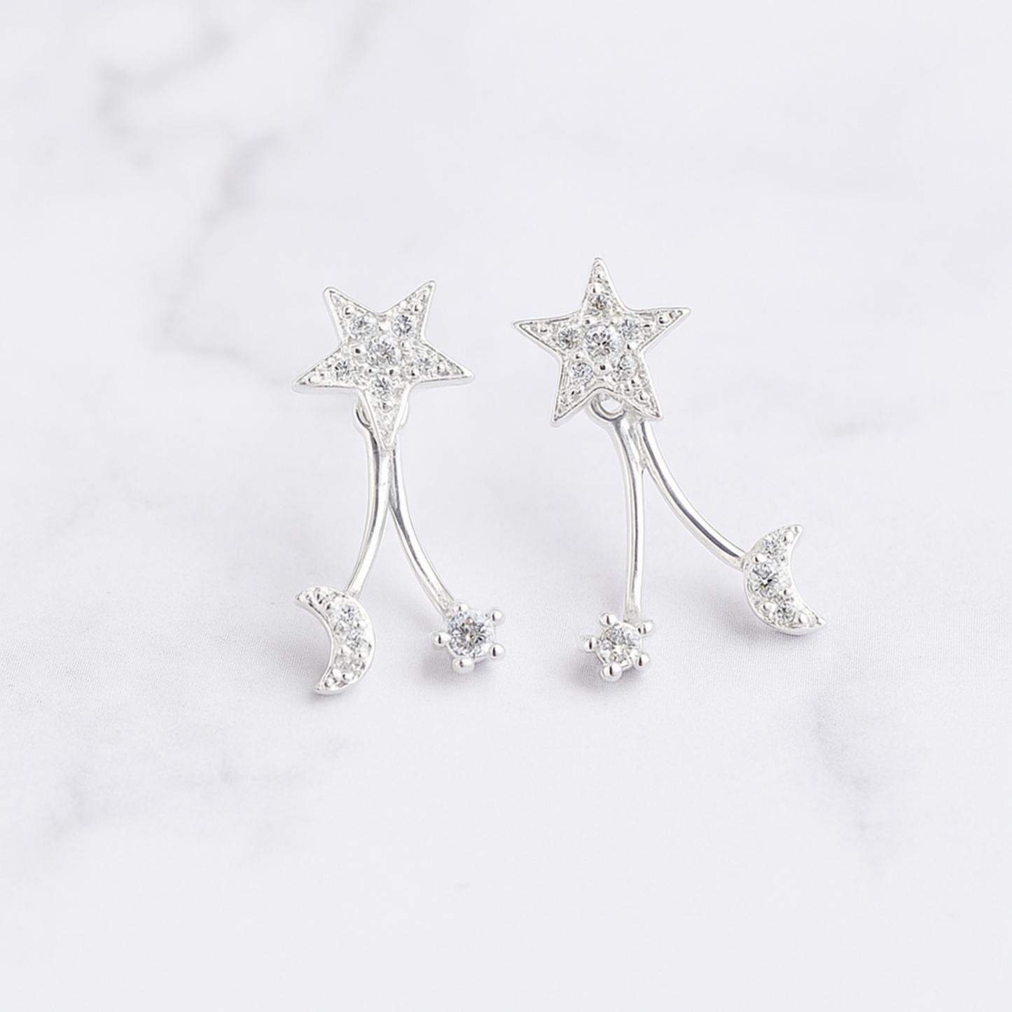 Sterling Silver Star Crescent Moon CZ Drop Double Side Jacket Stud Earrings