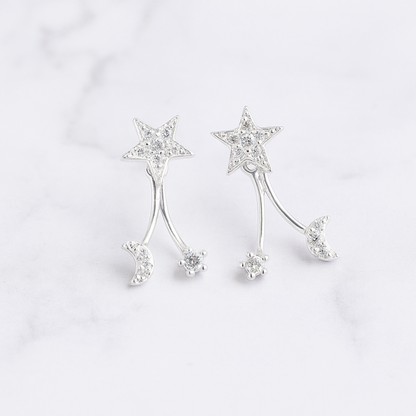 Sterling Silver Star Crescent Moon CZ Drop Double Side Jacket Stud Earrings