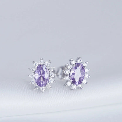 Sterling Silver Amethyst Purple CZ Oval Cluster Stud Earring Jewellery - sugarkittenlondon