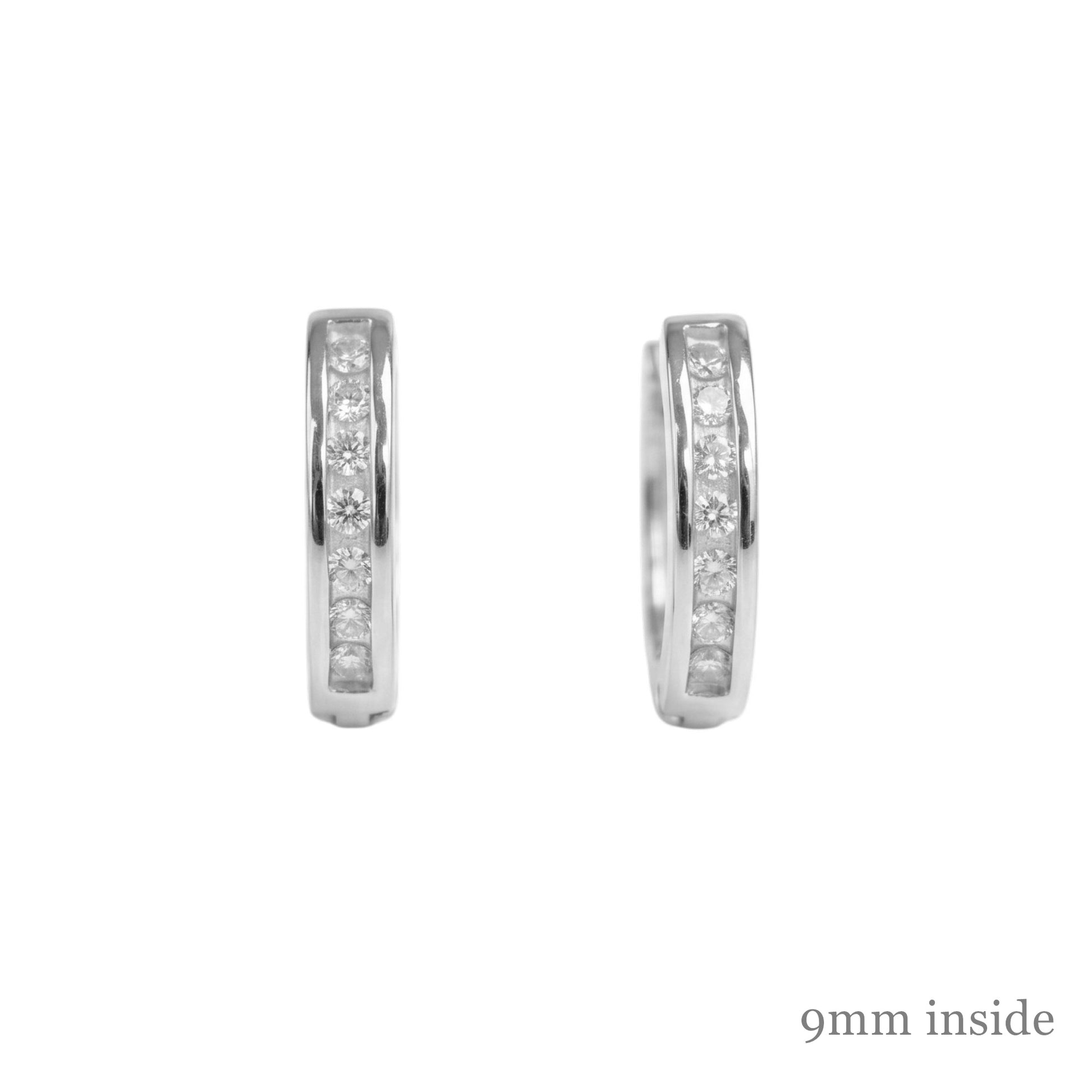 Channel Huggie Hoop earrings, rhodium silver with clear stones; 9mm inside