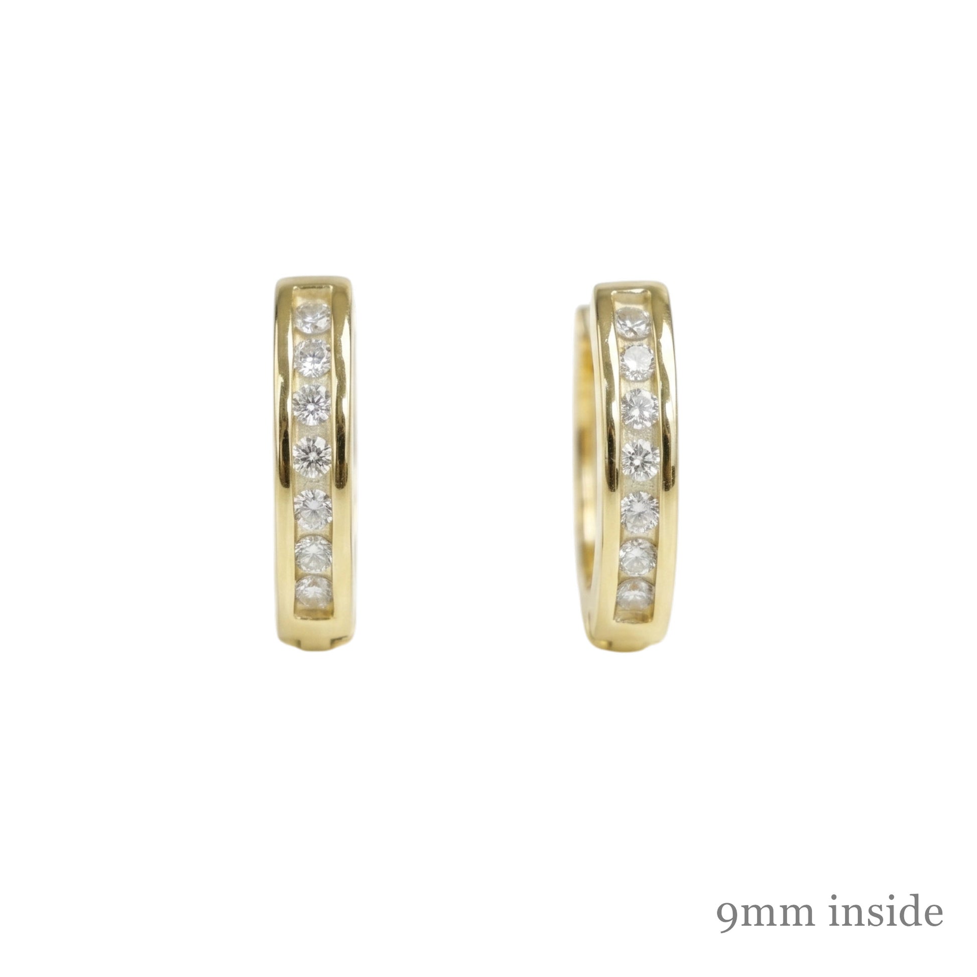 Gold Channel Huggie Hoops—slim hinged hoops with sparkling stones
