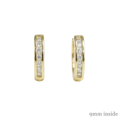 Gold Channel Huggie Hoops—slim hinged hoops with sparkling stones