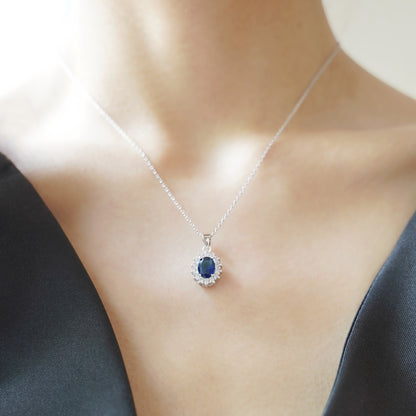 Stunning Blue CZ Sapphire Halo Cluster Pendant Necklace in Sterling Silver with 3 Chains