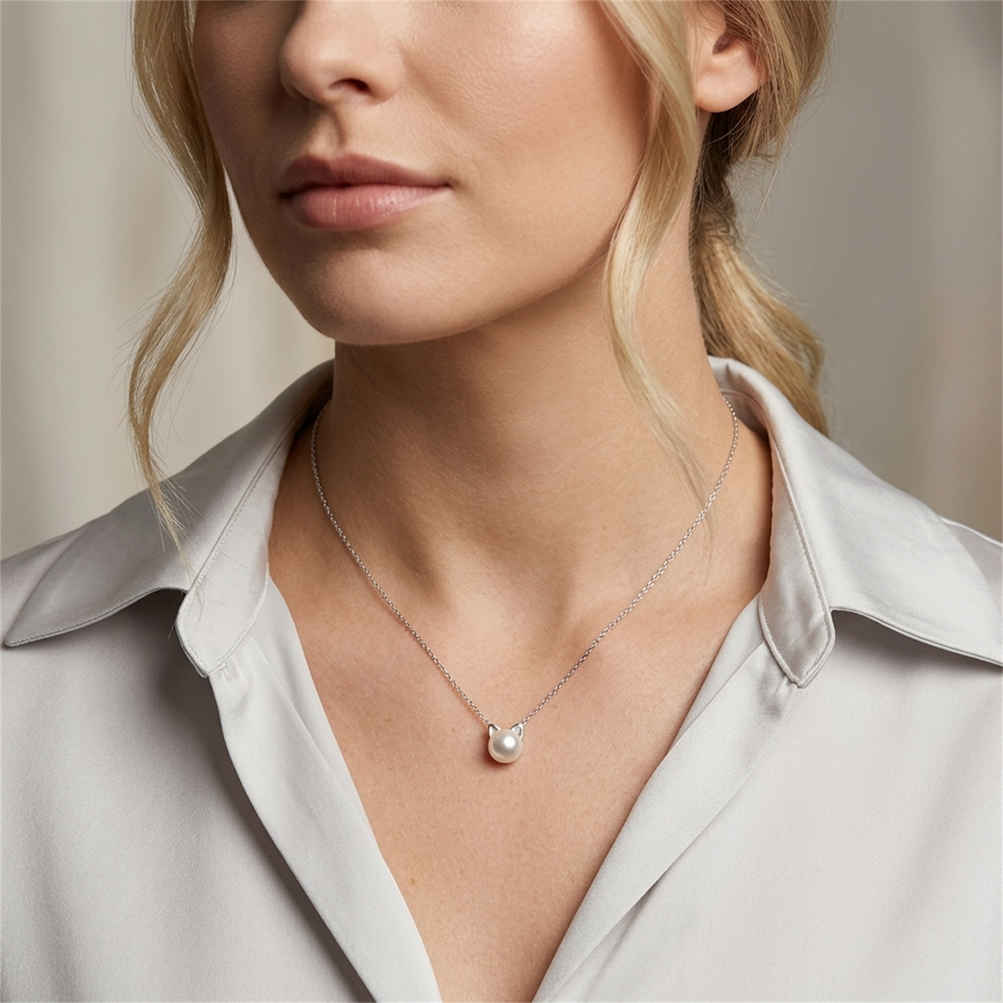 Silver cat pearl pendant necklace on model, round white pearl cat-face charm