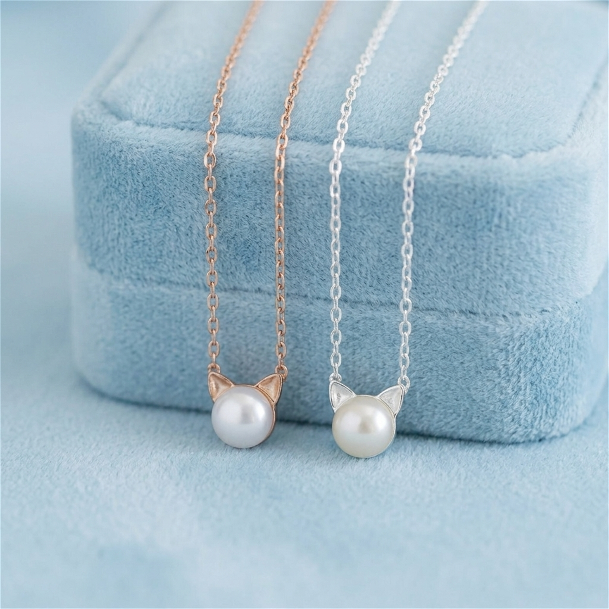 Rose gold and silver cat pearl pendant necklaces with round white cat-face pearls