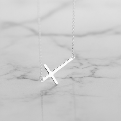 Sterling Silver Reversible Organic Texture Sideways Cross Necklace 42.5cm 16.7"