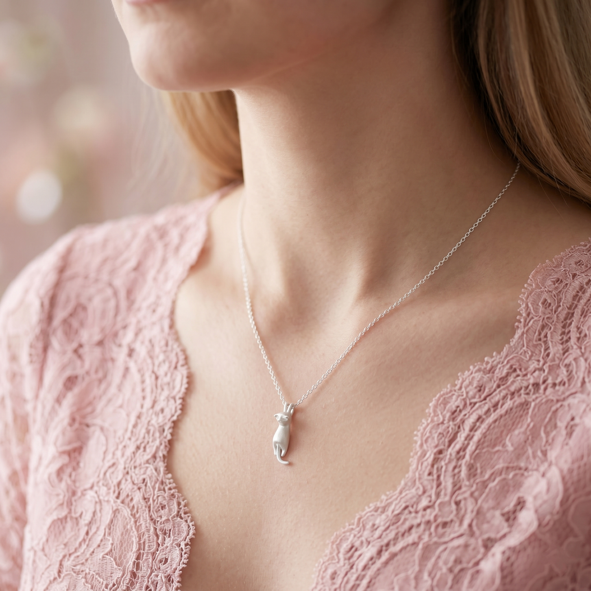 Cat pendant necklace worn on neck, silver chain with small hanging cat charm