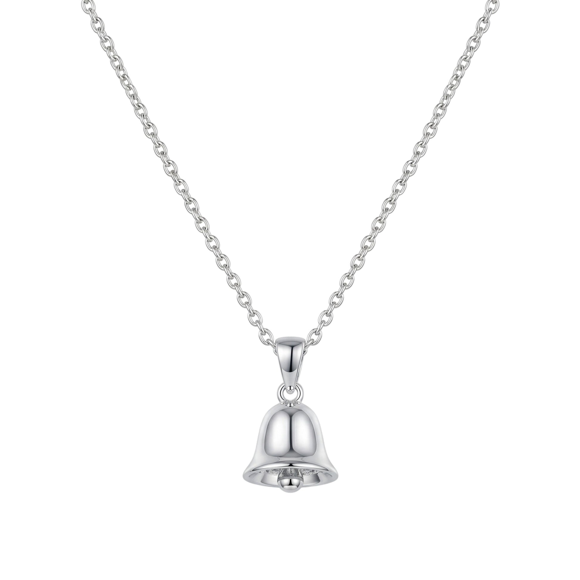 3D jingle bell pendant necklace with polished silver bell charm and link chain