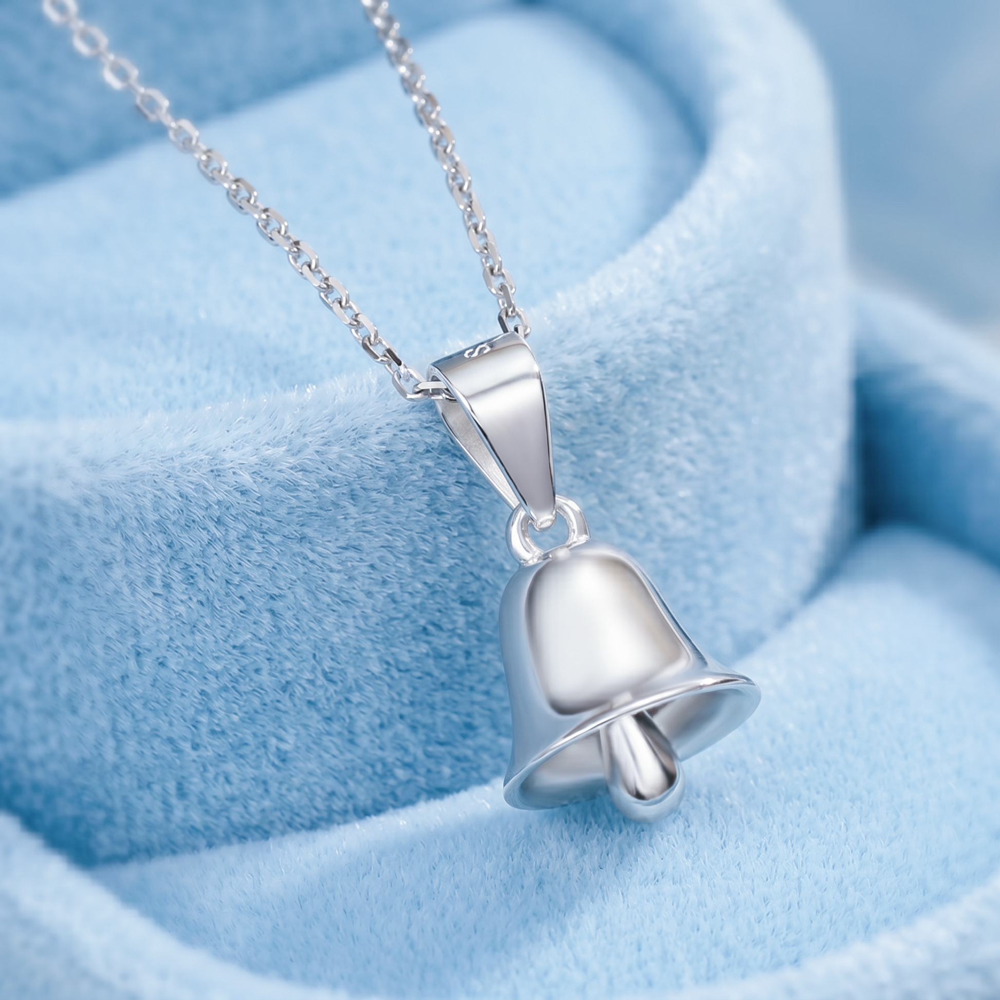 Jingle bell pendant necklace, silver bell charm on a polished chain with loop bail