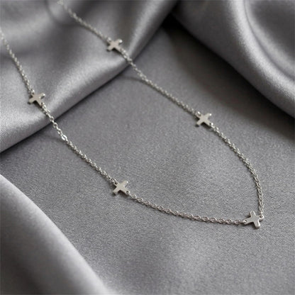 Rhodium on Sterling Silver Mini Horizontal Sideways Multi Cross Charms Necklace 37 - 43cm 17''