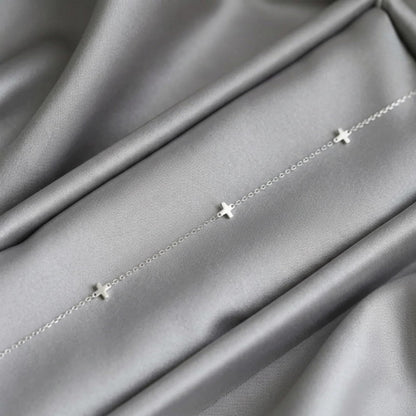 Rhodium on Sterling Silver Mini Horizontal Sideways Multi Cross Charms Necklace 37 - 43cm 17''