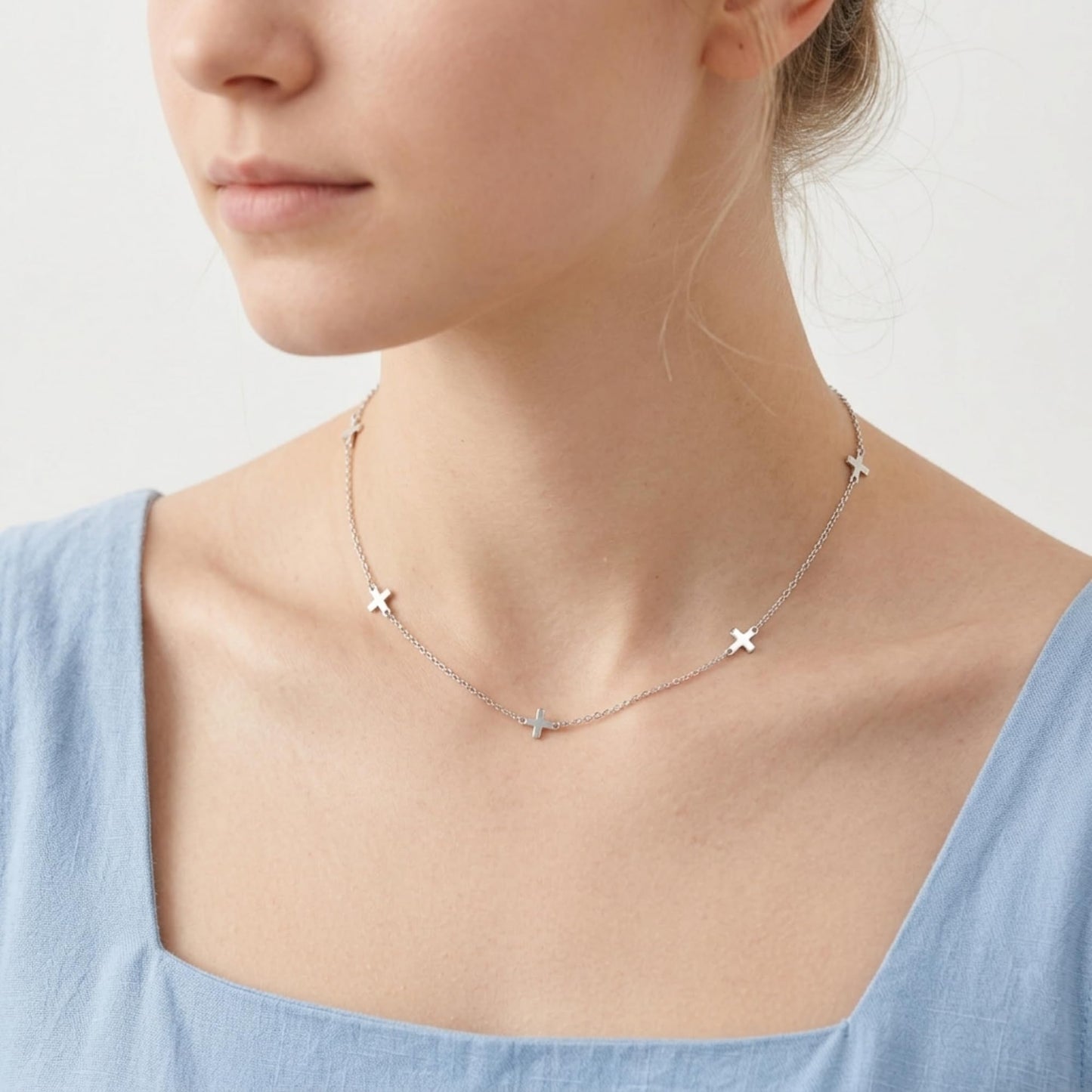 Rhodium on Sterling Silver Mini Horizontal Sideways Multi Cross Charms Necklace 37 - 43cm 17''