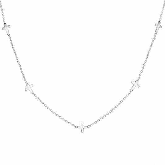 Rhodium on Sterling Silver Mini Horizontal Sideways Multi Cross Charms Necklace 37-43cm 17''
