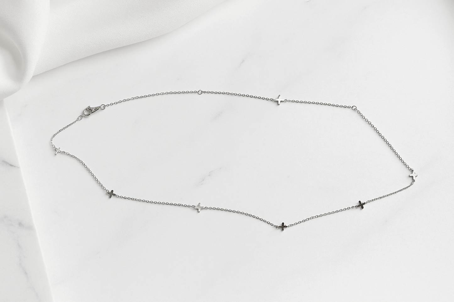 Rhodium on Sterling Silver Mini Horizontal Sideways Multi Cross Charms Necklace 37-43cm 17''