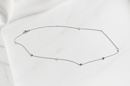 Rhodium on Sterling Silver Mini Horizontal Sideways Multi Cross Charms Necklace 37-43cm 17''