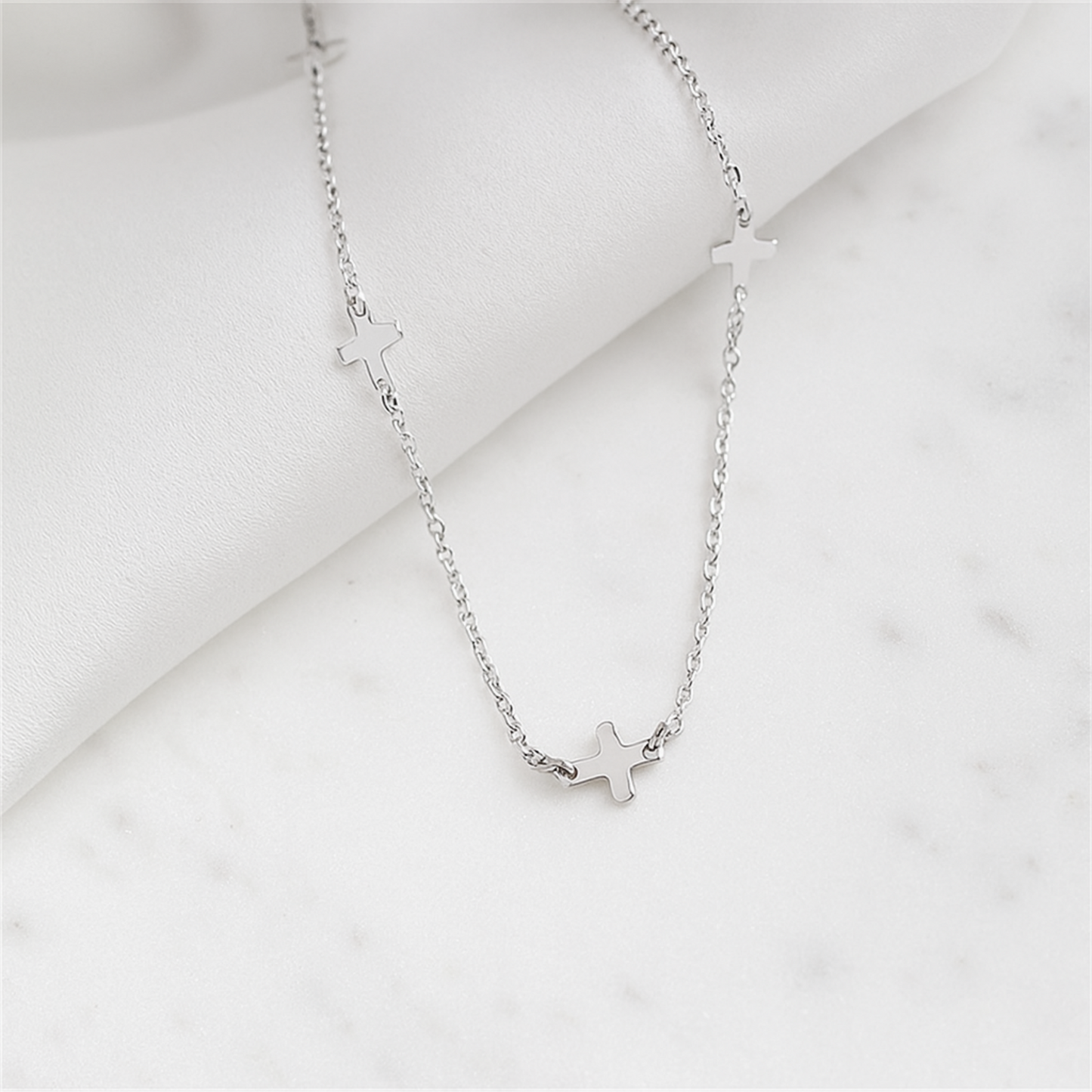 Rhodium on Sterling Silver Mini Horizontal Sideways Multi Cross Charms Necklace 37-43cm 17''