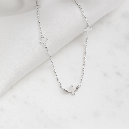 Rhodium on Sterling Silver Mini Horizontal Sideways Multi Cross Charms Necklace 37-43cm 17''