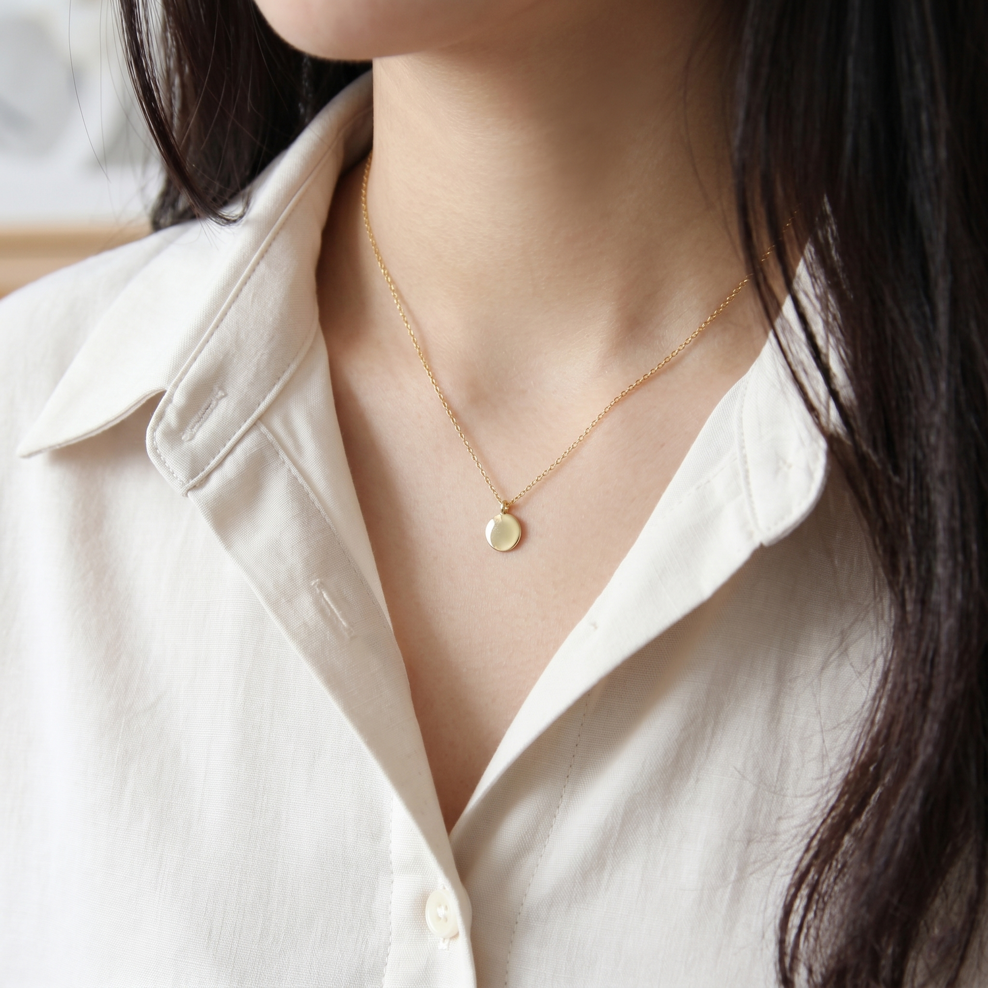 Minimal Disc Necklace worn: gold round pendant on delicate chain