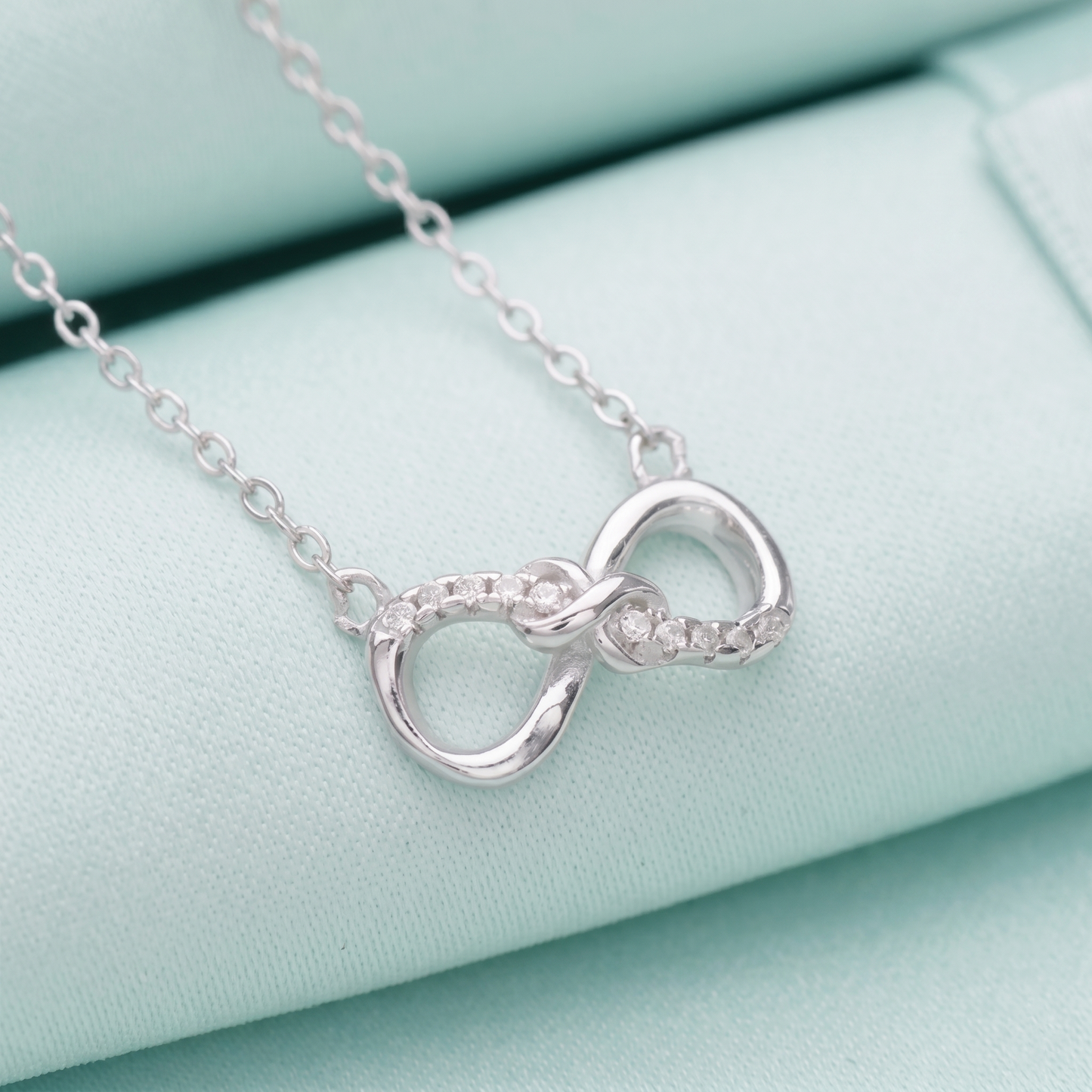 Sterling Silver Infinity Necklace With Paved Clear CZ Endless Love Jewellery 45cm 17.7''