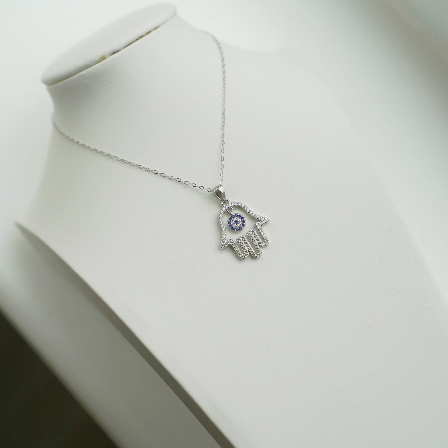 Sterling Silver Hollow Blue Paved CZ Evil Eye Hamsa Hand of Fatima Pendant