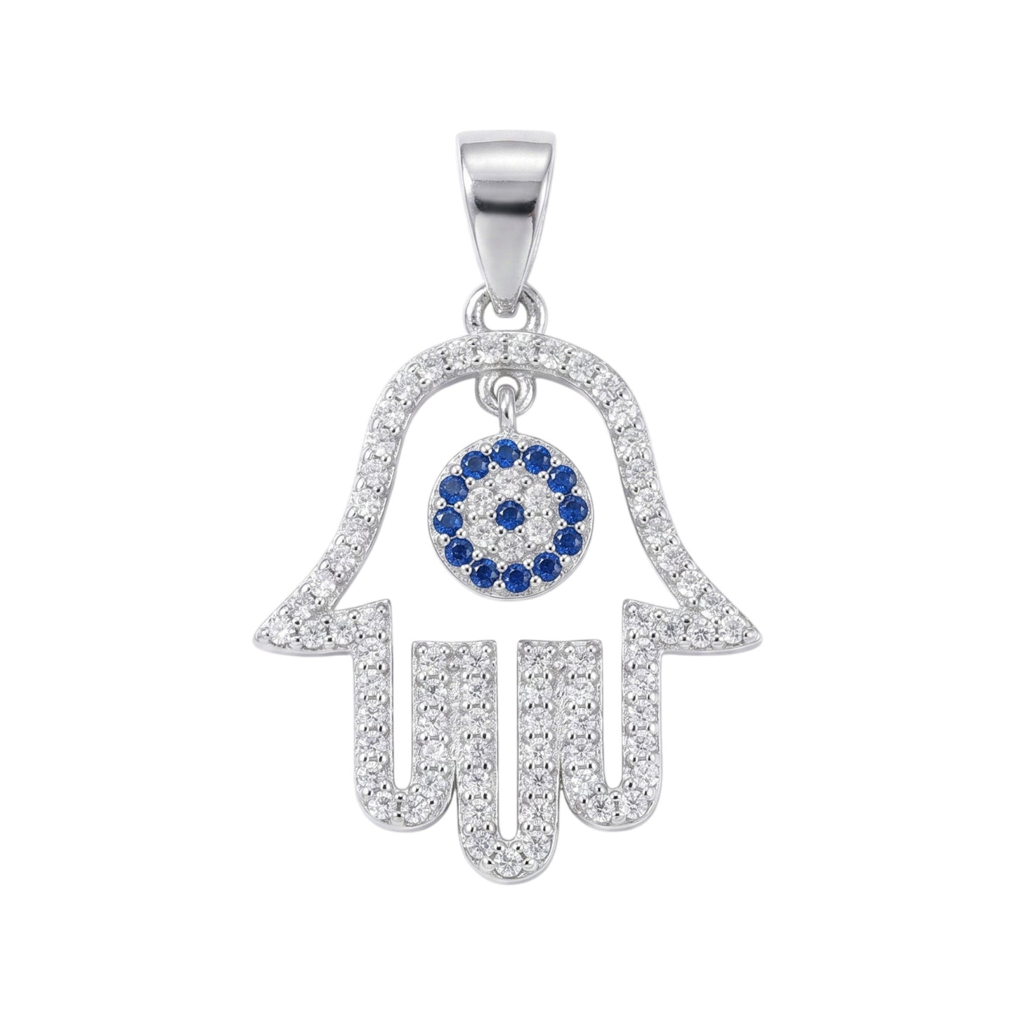 Rhodium on Sterling Silver Blue Paved CZ Evil Eye Hamsa Hand of Fatima Pendant