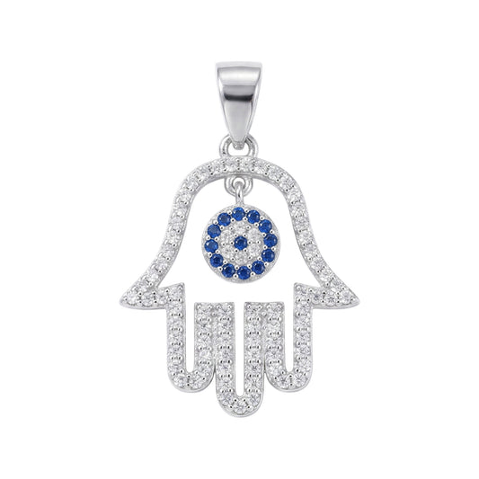 Blue hamsa hand pendant with round blue eye and clear stone detailing on a bail